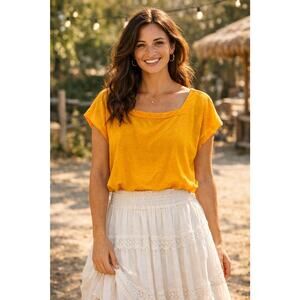 Eileen Fisher Yellow CapSleeve Top SquareNeck SzM Hemp Organic CottonSustainable